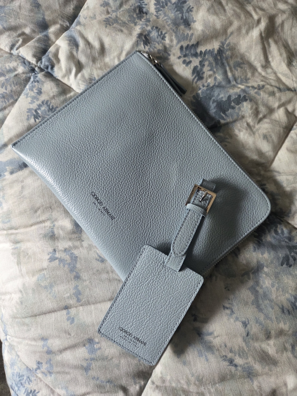 NEW Giorgio Armani Dusty Blue Pebbled Leather Travel Pouch with Luggage Tag